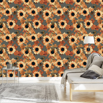 Wallpaper Painted Sunflowers With Leaves