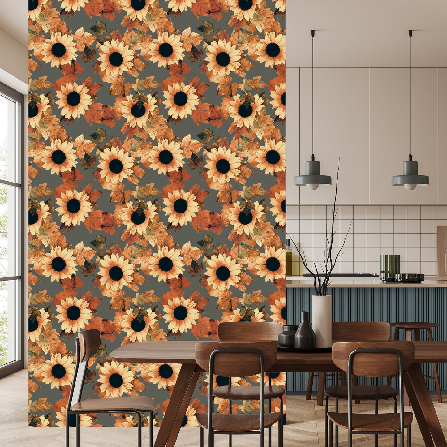Wallpaper Painted Sunflowers With Leaves