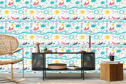 Wallpaper Drawn Sailboats On Waves