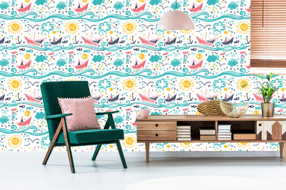 Wallpaper Drawn Sailboats On Waves