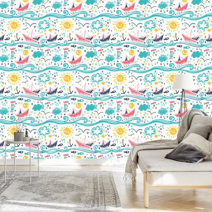 Wallpaper Drawn Sailboats On Waves