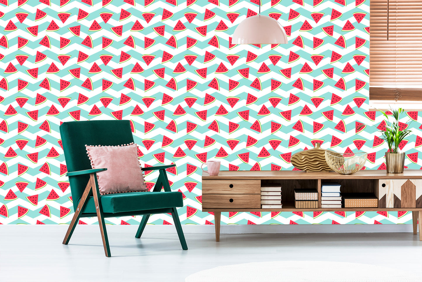 Wallpaper For Children - Watermelons On A White - Turquoise Background