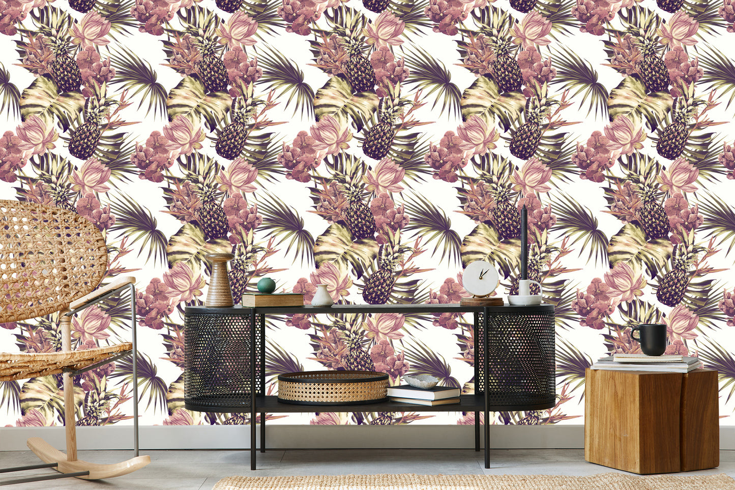 Wallpaper Pineapples With Monstera Leaves And Flowers