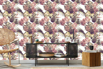Wallpaper Pineapples With Monstera Leaves And Flowers