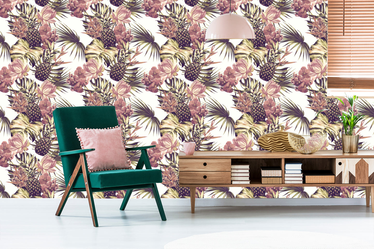 Wallpaper Pineapples With Monstera Leaves And Flowers