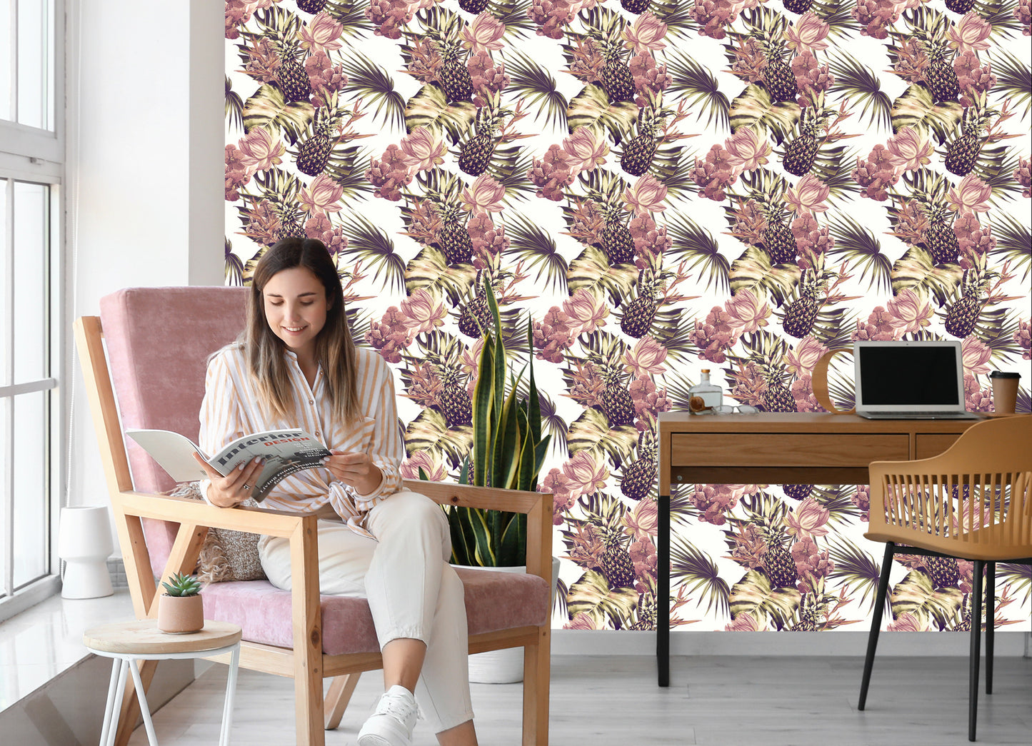Wallpaper Pineapples With Monstera Leaves And Flowers