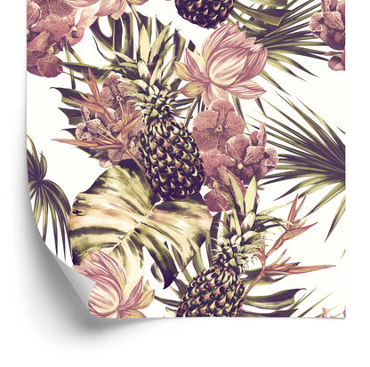 Wallpaper Pineapples With Monstera Leaves And Flowers