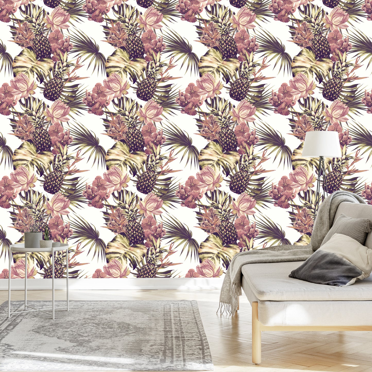Wallpaper Pineapples With Monstera Leaves And Flowers