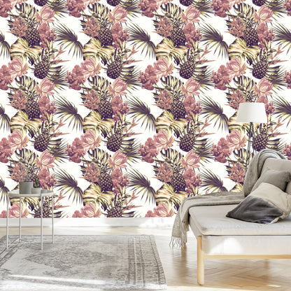 Wallpaper Pineapples With Monstera Leaves And Flowers