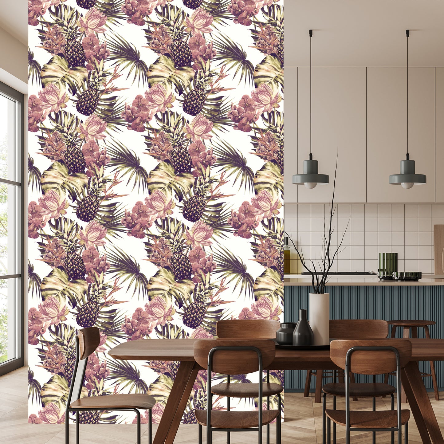 Wallpaper Pineapples With Monstera Leaves And Flowers
