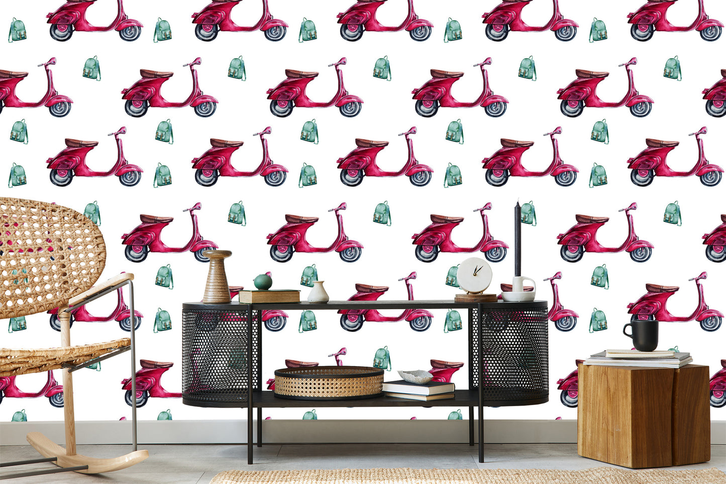 Wallpaper Retro Scooters Painted With Watercolor