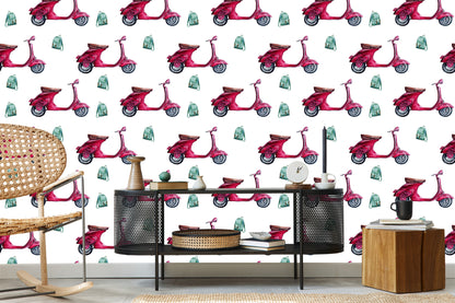 Wallpaper Retro Scooters Painted With Watercolor