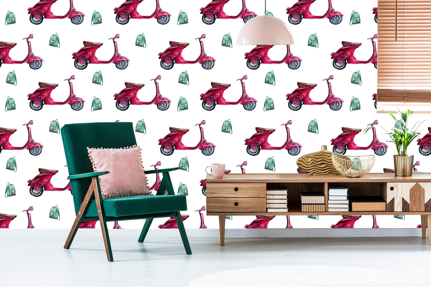 Wallpaper Retro Scooters Painted With Watercolor