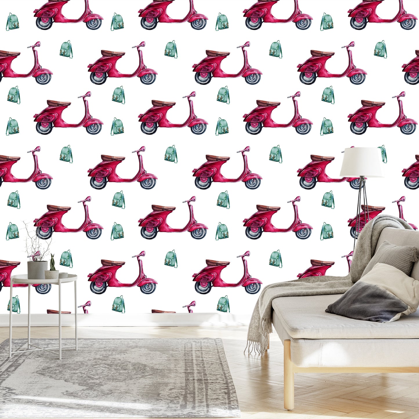 Wallpaper Retro Scooters Painted With Watercolor