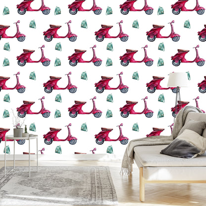 Wallpaper Retro Scooters Painted With Watercolor