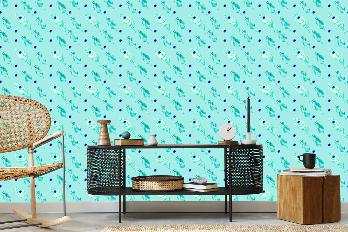 Wallpaper Turquoise - Peacock Feathers And Leaves
