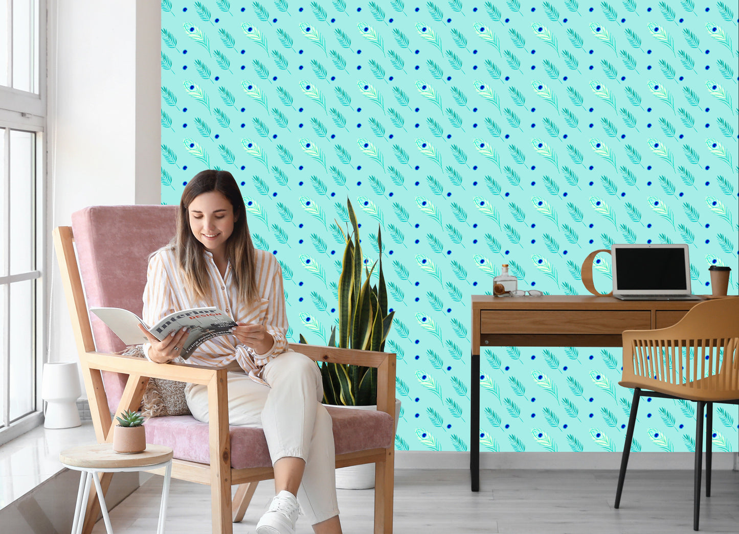 Wallpaper Turquoise - Peacock Feathers And Leaves