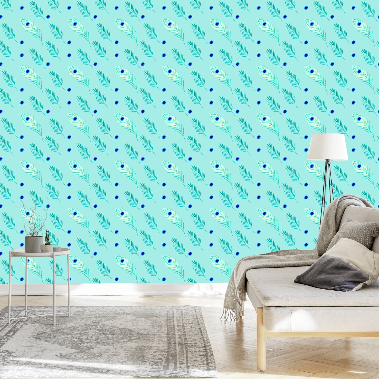 Wallpaper Turquoise - Peacock Feathers And Leaves