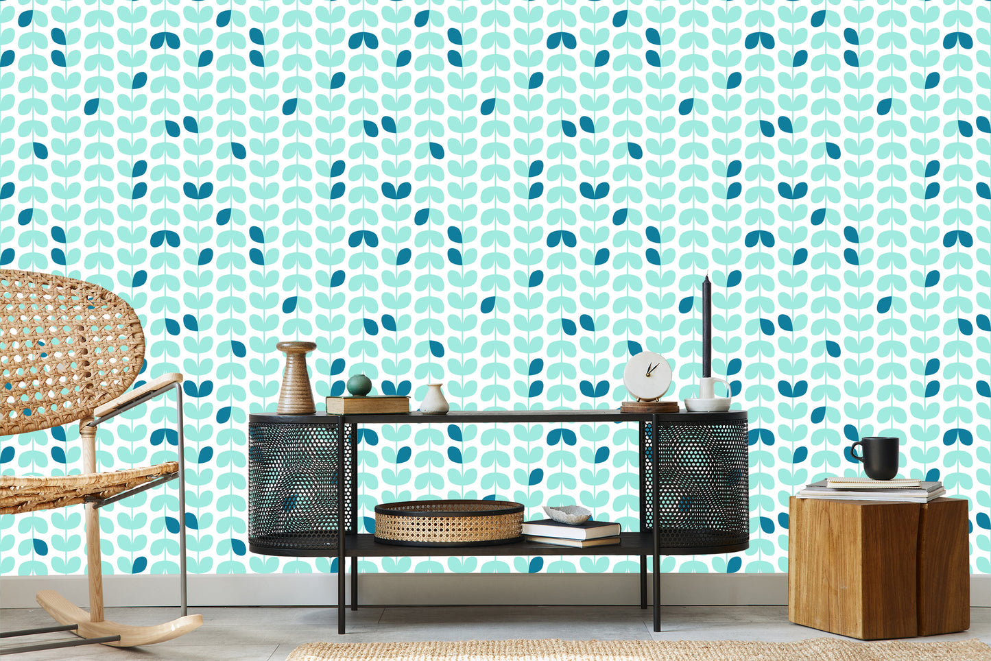 Wallpaper Turquoise Leaves In Scandinavian Style