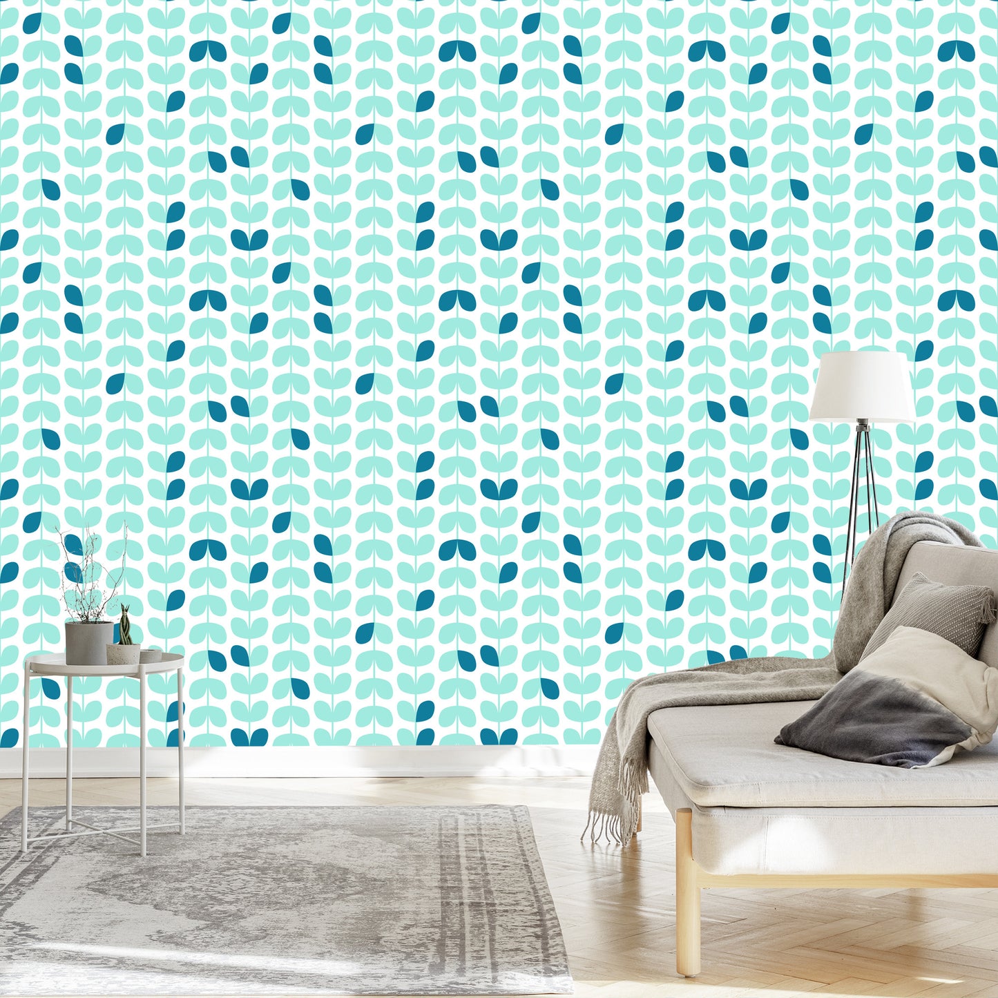 Wallpaper Turquoise Leaves In Scandinavian Style