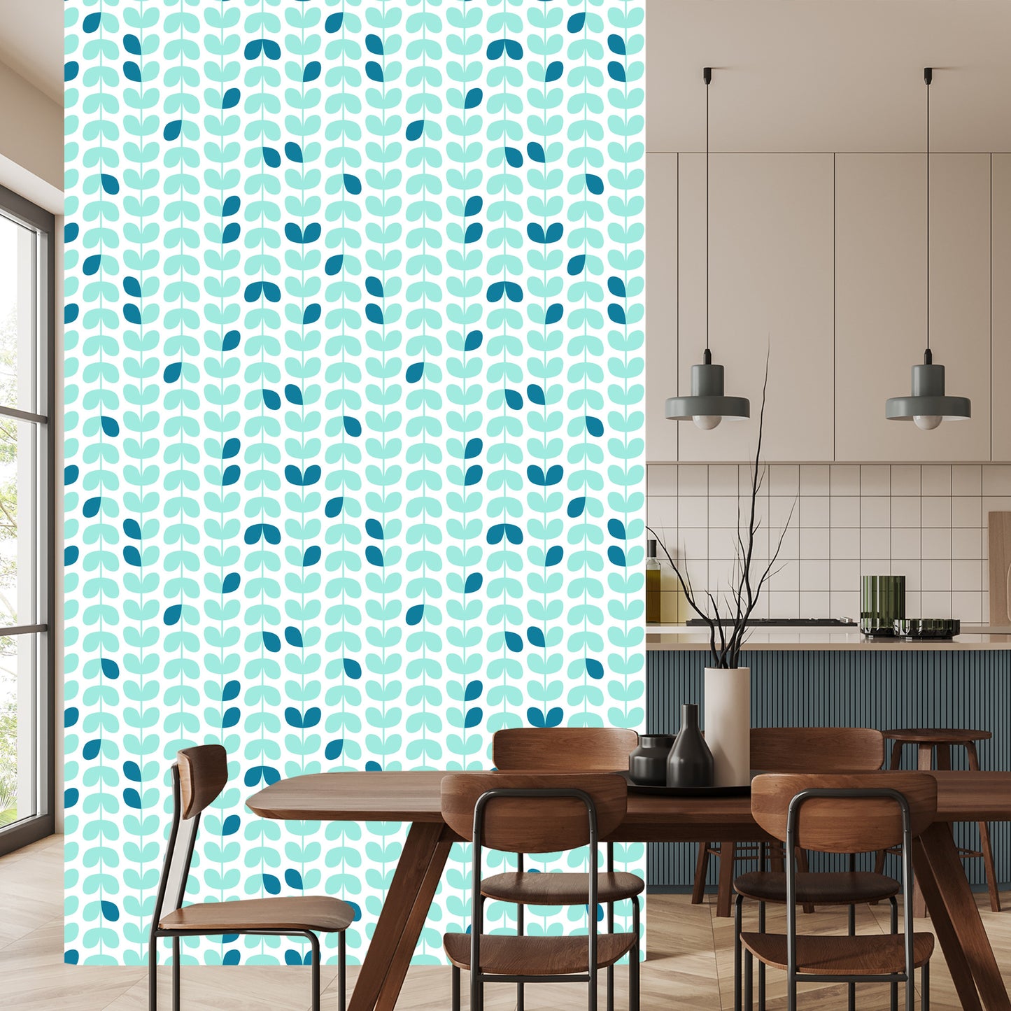 Wallpaper Turquoise Leaves In Scandinavian Style