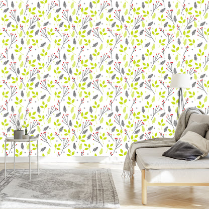 Wallpaper For Children - Green Leaves And Red Berries