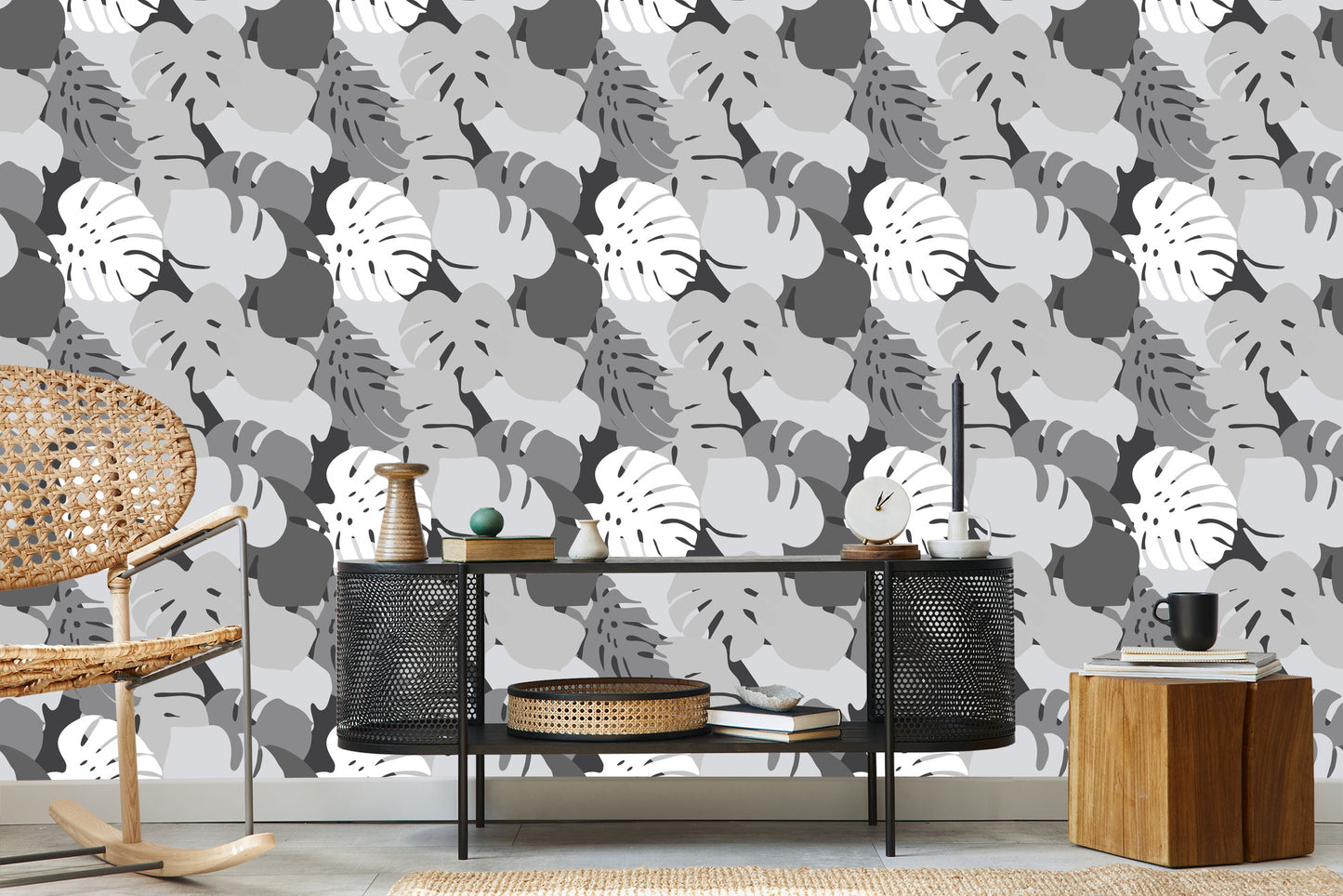 Wallpaper Gray Tropical Leaves