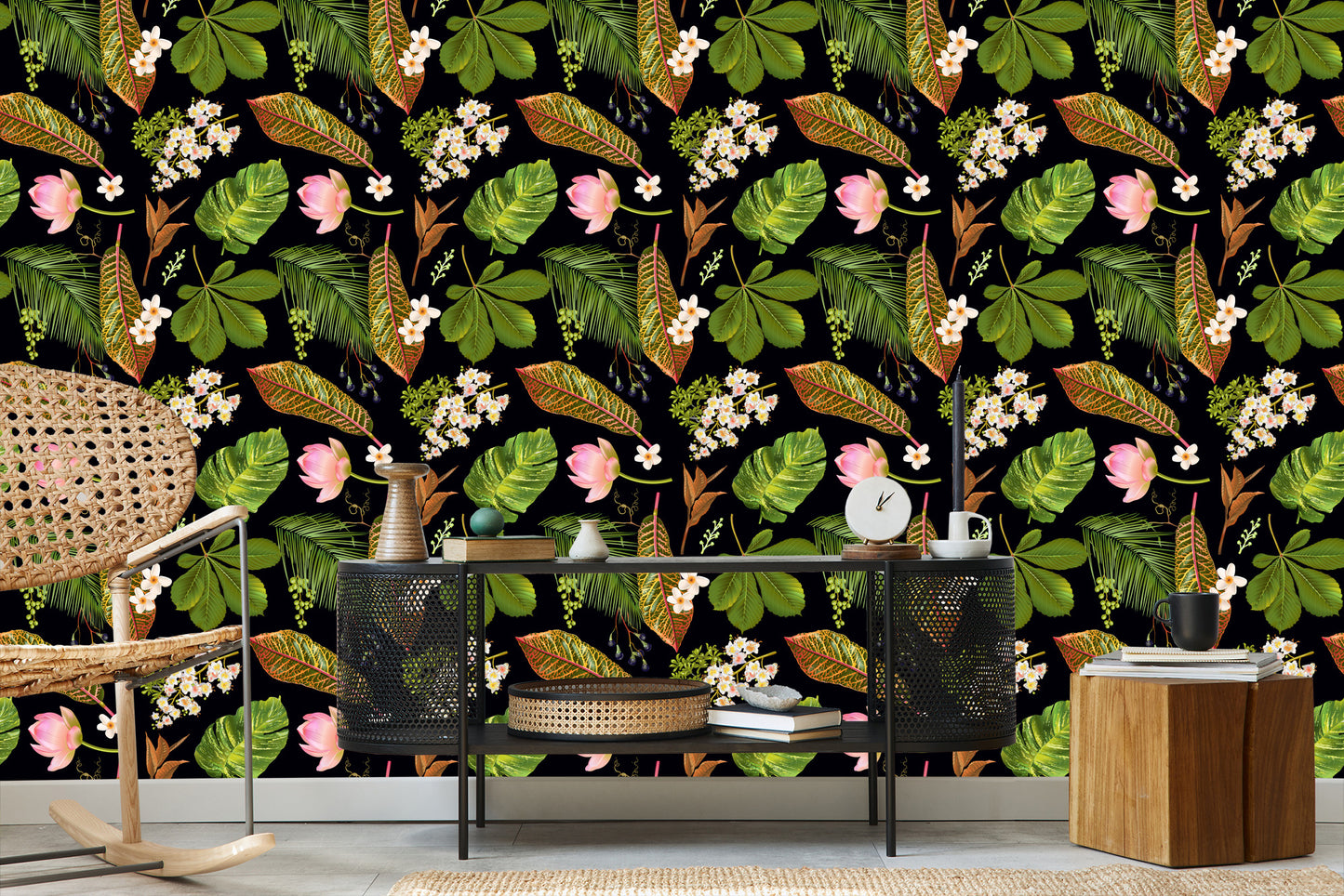 Wallpaper Tropical Flowers Among Leaves