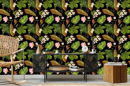 Wallpaper Tropical Flowers Among Leaves