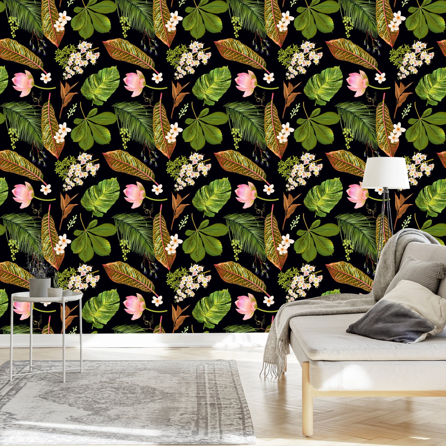 Wallpaper Tropical Flowers Among Leaves