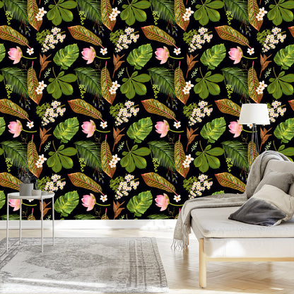 Wallpaper Tropical Flowers Among Leaves