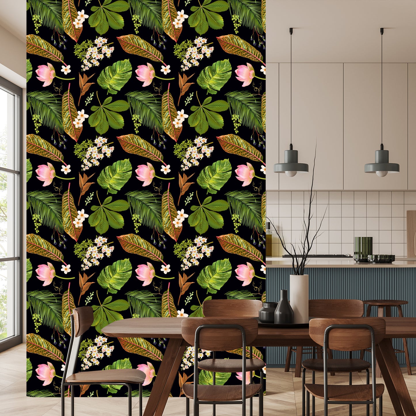 Wallpaper Tropical Flowers Among Leaves