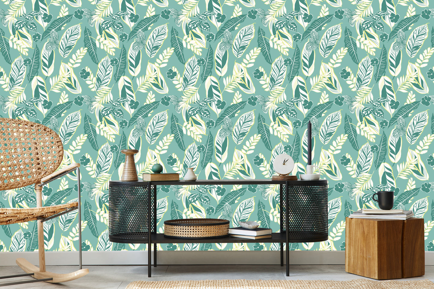 Wallpaper Blue Pattern With Leaves And Flowers