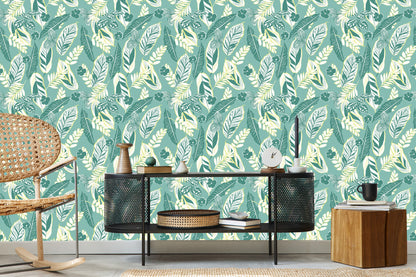 Wallpaper Blue Pattern With Leaves And Flowers
