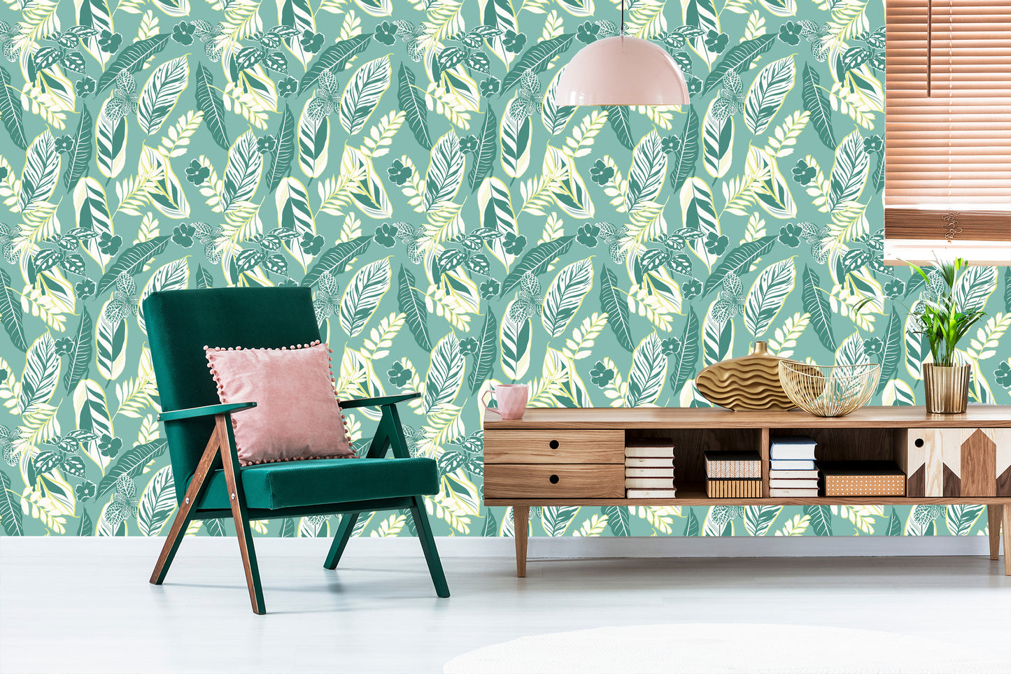 Wallpaper Blue Pattern With Leaves And Flowers