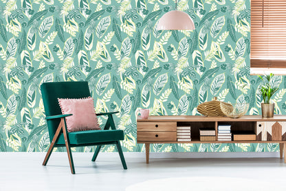 Wallpaper Blue Pattern With Leaves And Flowers