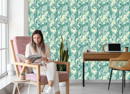 Wallpaper Blue Pattern With Leaves And Flowers