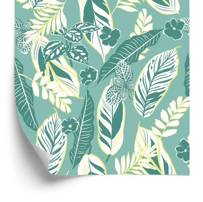 Wallpaper Blue Pattern With Leaves And Flowers