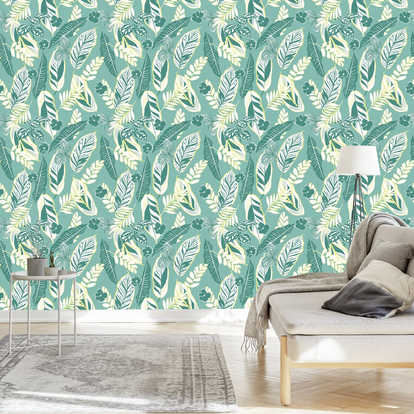 Wallpaper Blue Pattern With Leaves And Flowers