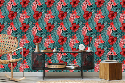 Wallpaper Exotic Flowers And Leaves
