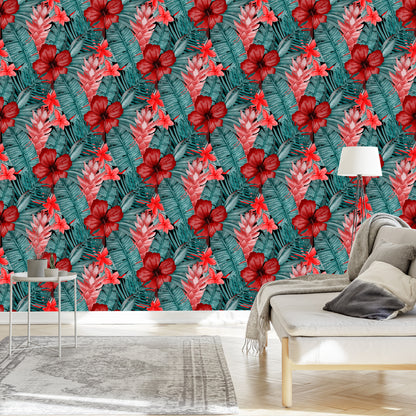 Wallpaper Exotic Flowers And Leaves