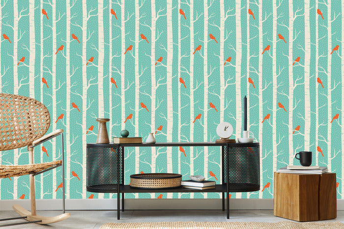Wallpaper Birches And Birds In Winter