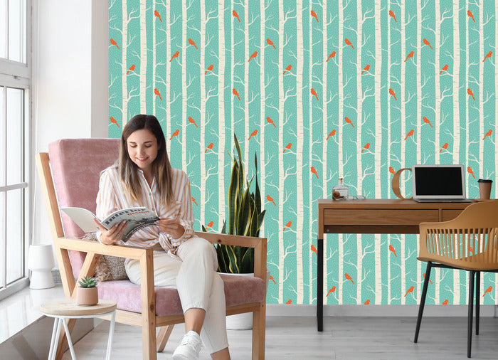 Wallpaper Birches And Birds In Winter