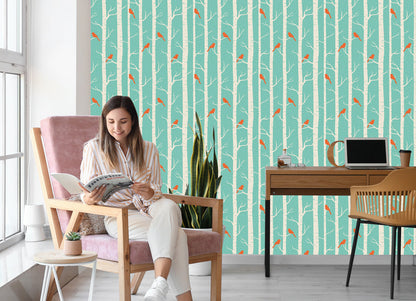 Wallpaper Birches And Birds In Winter