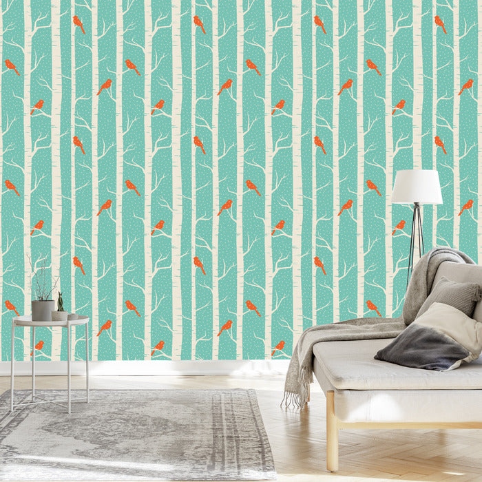 Wallpaper Birches And Birds In Winter