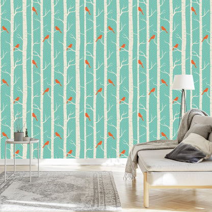 Wallpaper Birches And Birds In Winter