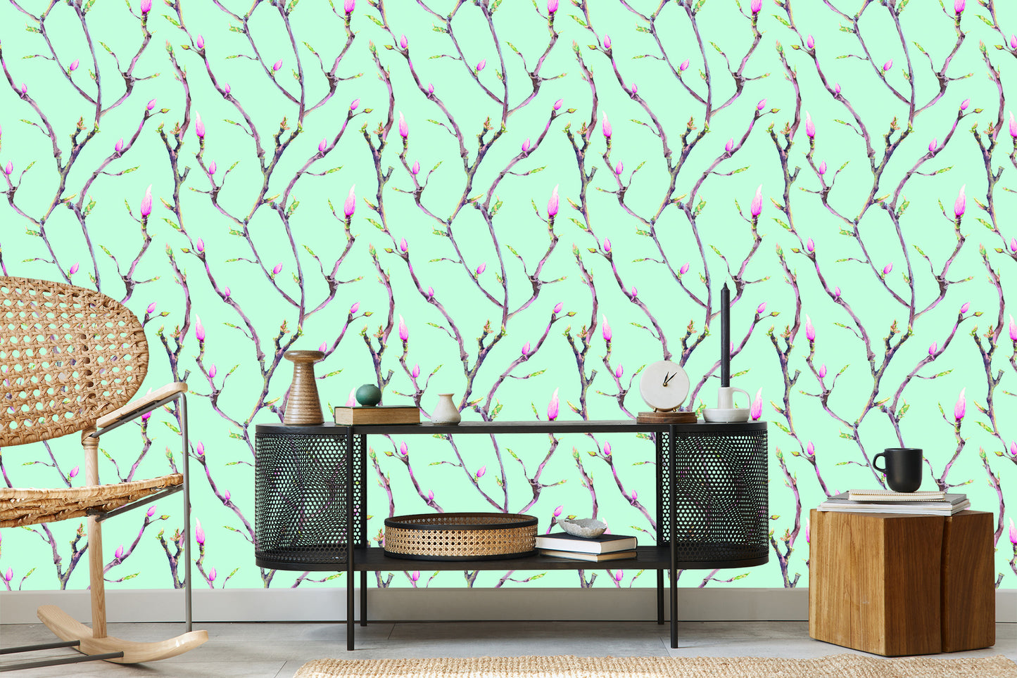 Wallpaper Tree Branches In Spring, Painted With Watercolors