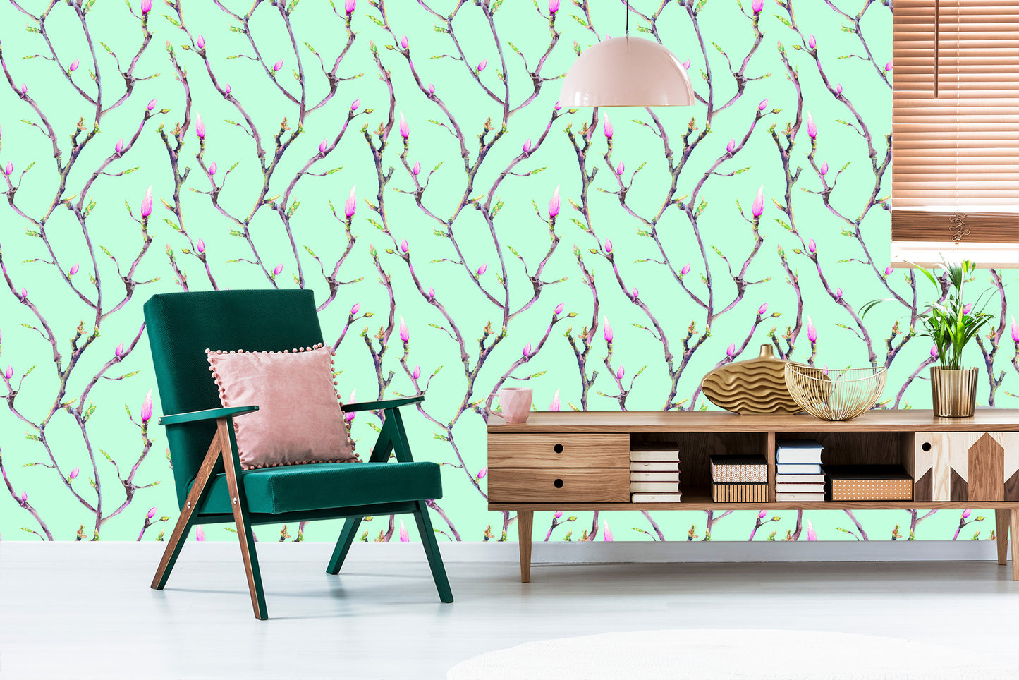 Wallpaper Tree Branches In Spring, Painted With Watercolors