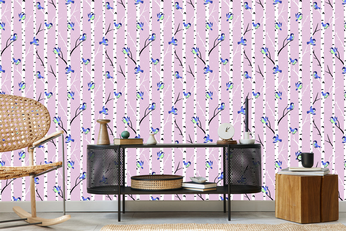 Wallpaper Colorful Birds Among Birches