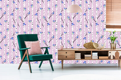 Wallpaper Colorful Birds Among Birches